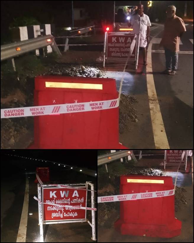KWA caution barricades protecting pipeline works on the carriageway at night